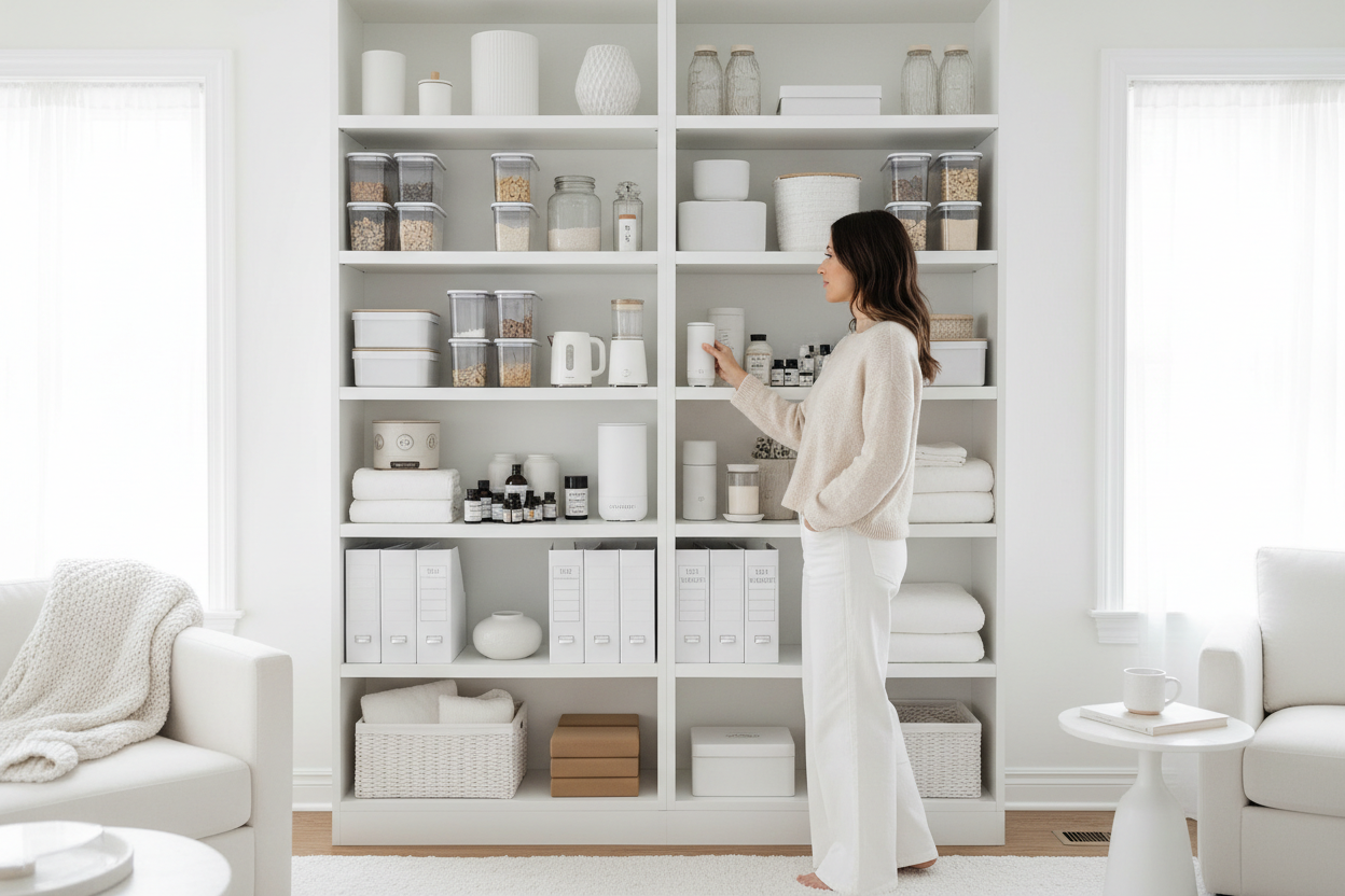 generate an image showcasing useful, every products people use that make life easier in a cozy home, with an all white interior and a bookshelf that contains these products with a woman going through them looking for what she needs